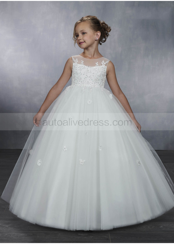 Illusion Neck Beaded Ivory Lace Tulle Flower Girl Dress